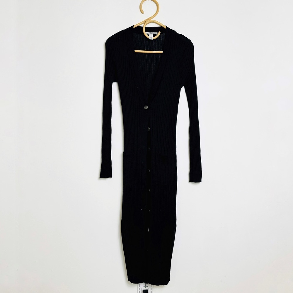 Long Ribbed Button-Front Black Cardigan Sweater - Picture 9 of 9